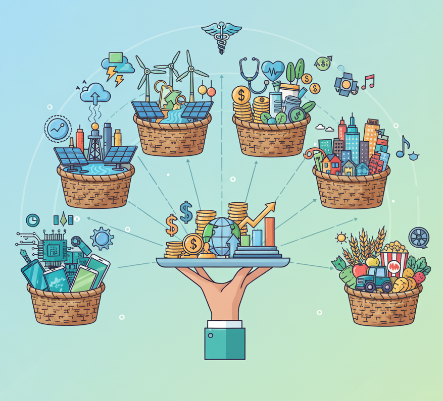 uma ilustração com várias cestas representando setores do mercado (tecnologia, energia, saúde, etc.) mostrando o conceito de diversificação.